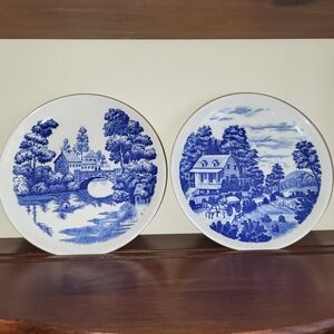 NASCO Set Of 2 Vintage Blue and White Scenic, Glazed Ceramic Plates